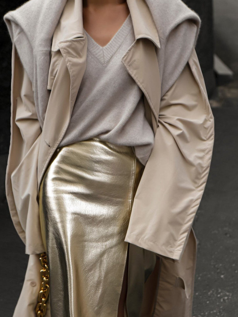 METALLIC VEGAN LEATHER PENCIL SKIRT