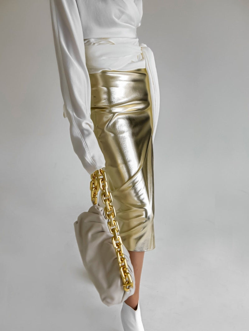 METALLIC VEGAN LEATHER PENCIL SKIRT