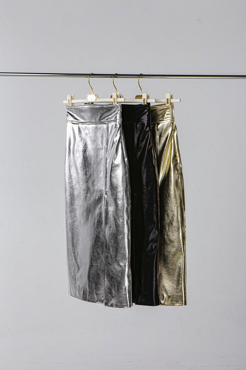 METALLIC VEGAN LEATHER PENCIL SKIRT