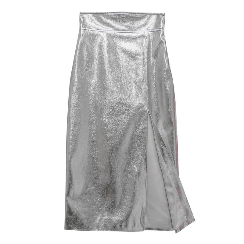 METALLIC VEGAN LEATHER PENCIL SKIRT