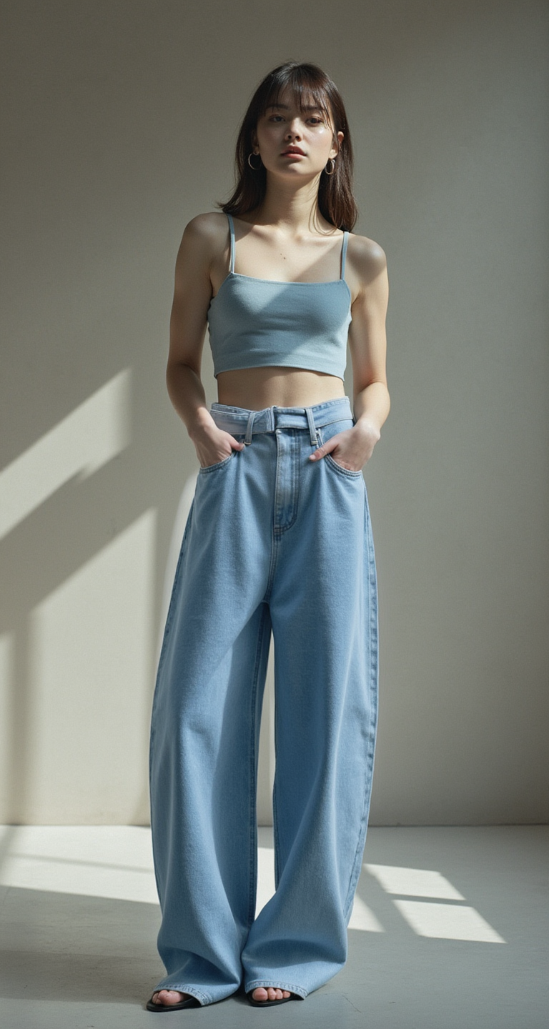 BELTED WIDE LEG LIGHT DENIM JEANS