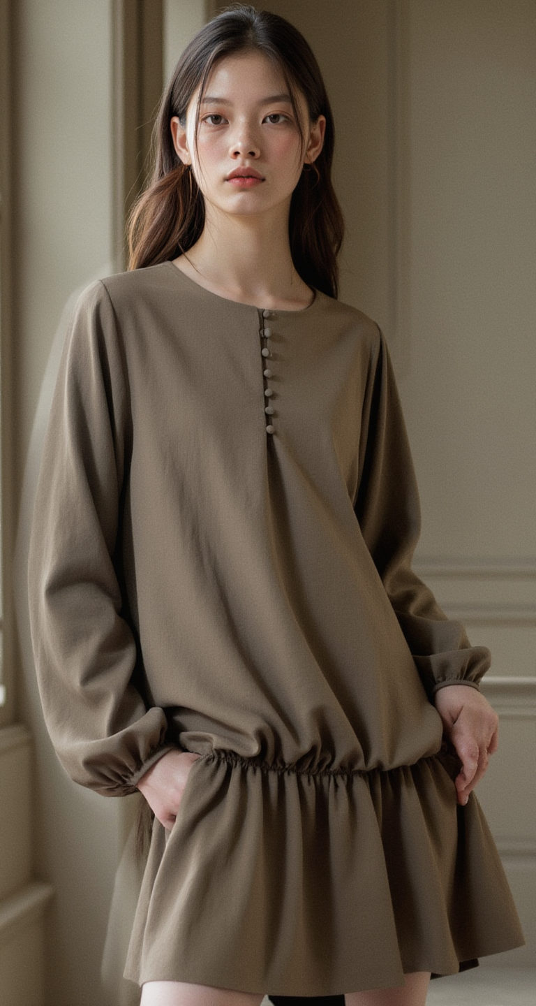 TAUPE BUTTONED WAIST MINI DRESS