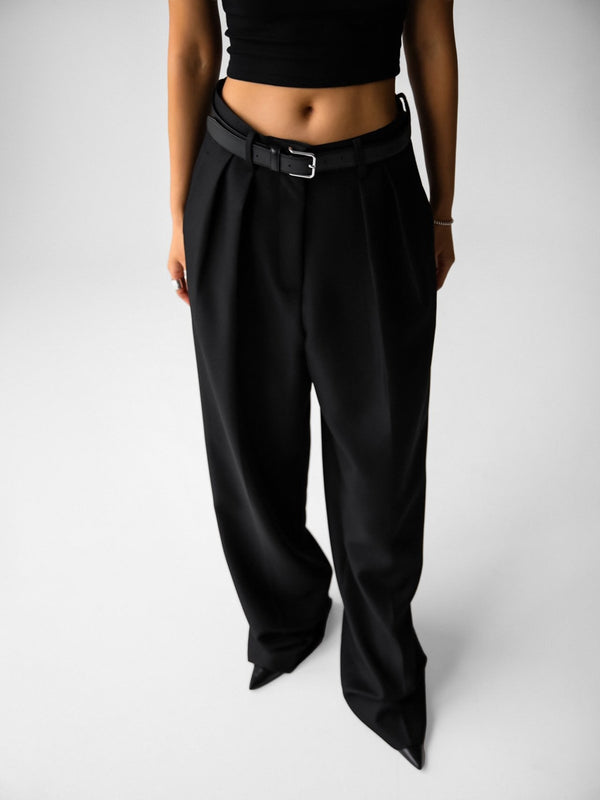 LOW WAISTED DOUBLE PLEATED TWILL TROUSERS