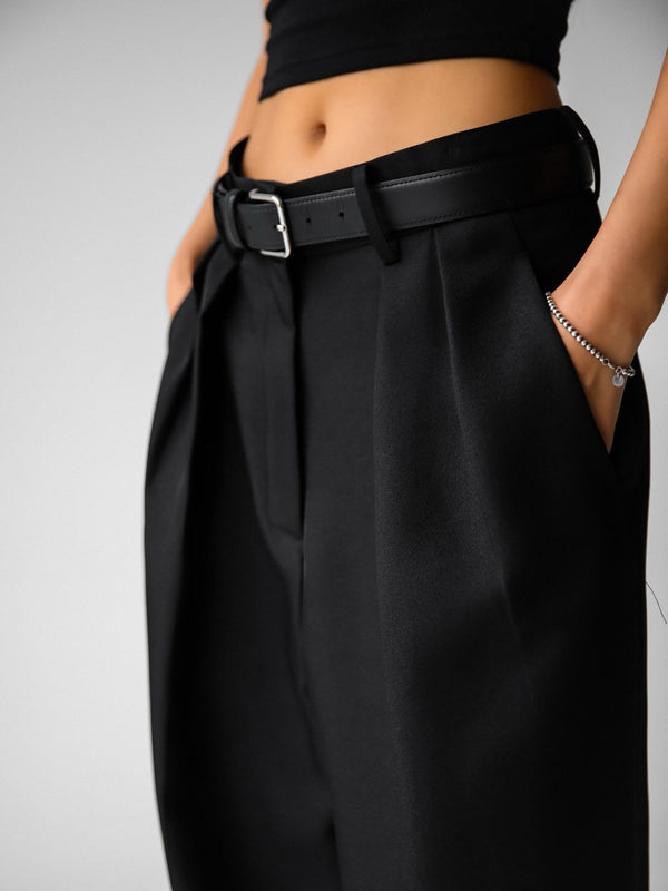 LOW WAISTED DOUBLE PLEATED TWILL TROUSERS