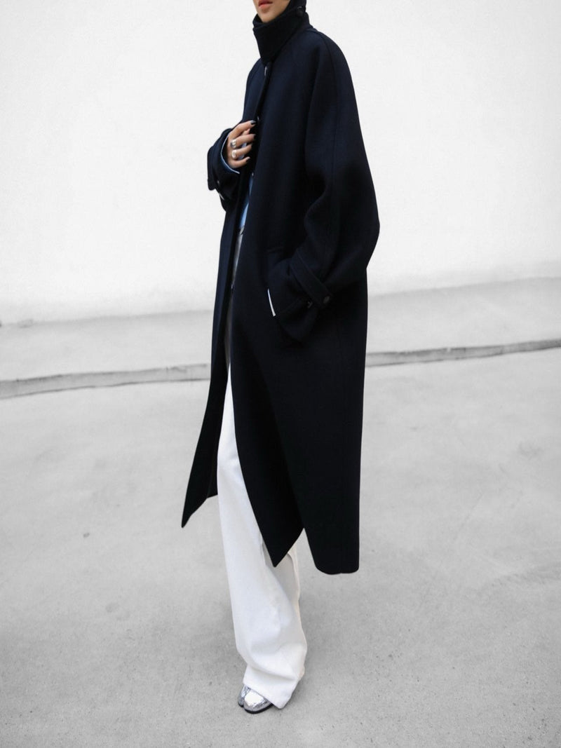 WOOL OVERSIZED HIGH NECK COLLARED BALMACAAN COAT