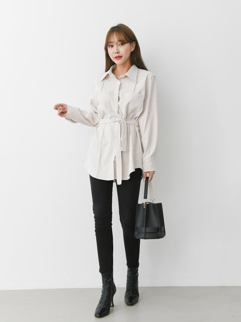LONG SLEEVE SUEDE BELTED SHIRT