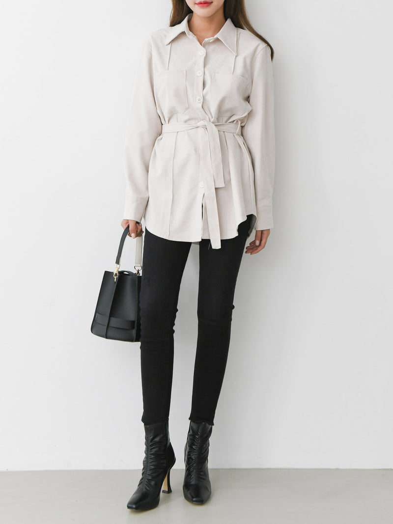 LONG SLEEVE SUEDE BELTED SHIRT