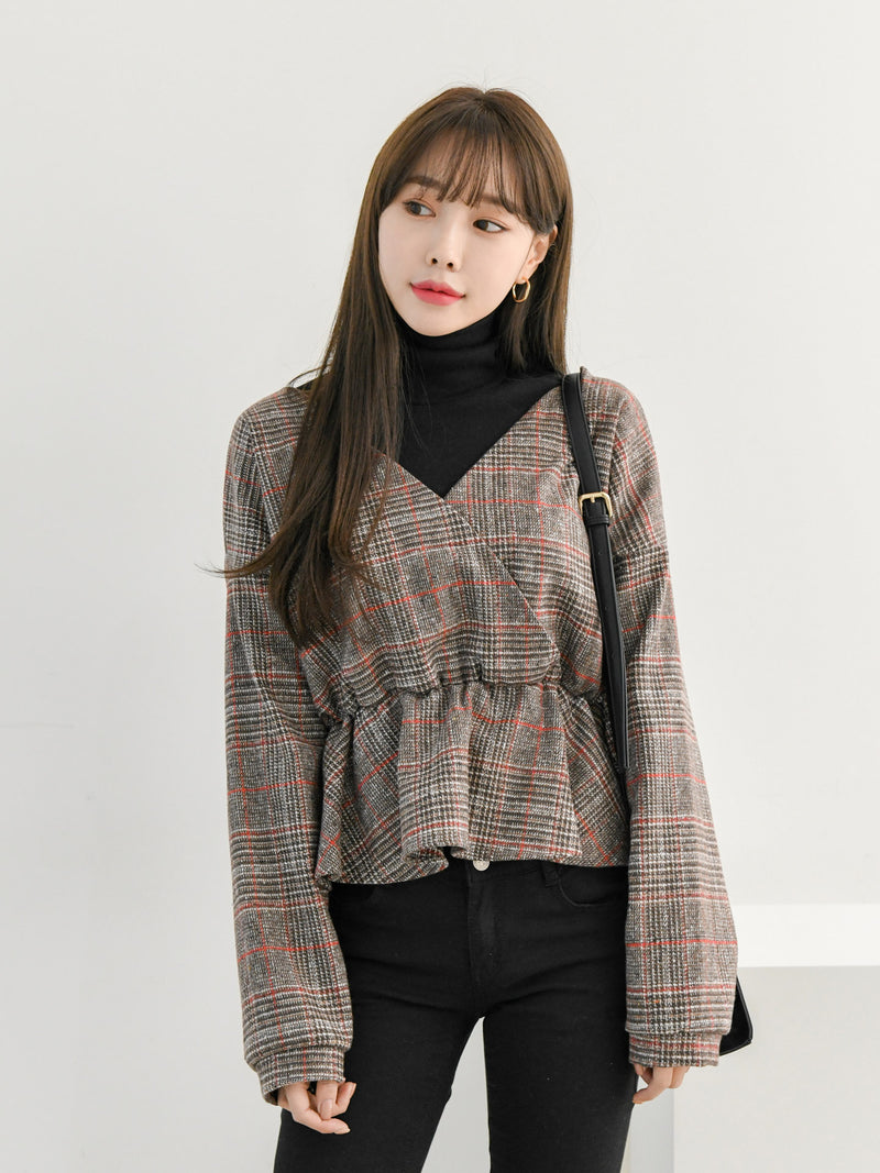 CHECK WRAP WOOLEN BLOUSE