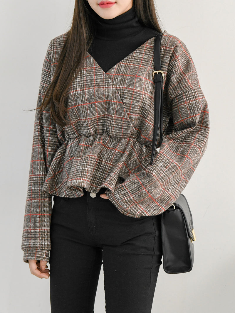 CHECK WRAP WOOLEN BLOUSE