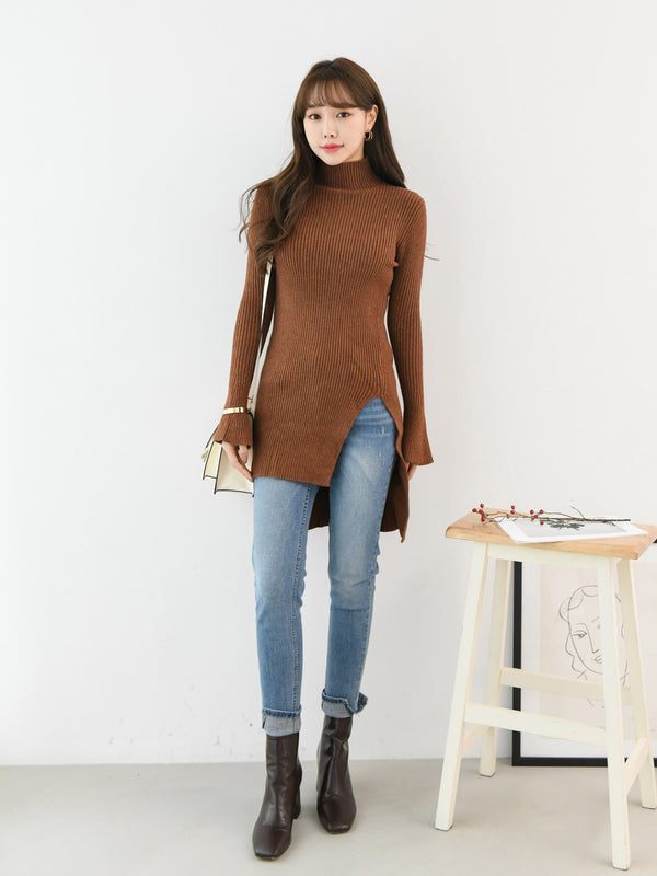 SLIM FIT LONG RIBBED KNIT TURTLE NECK