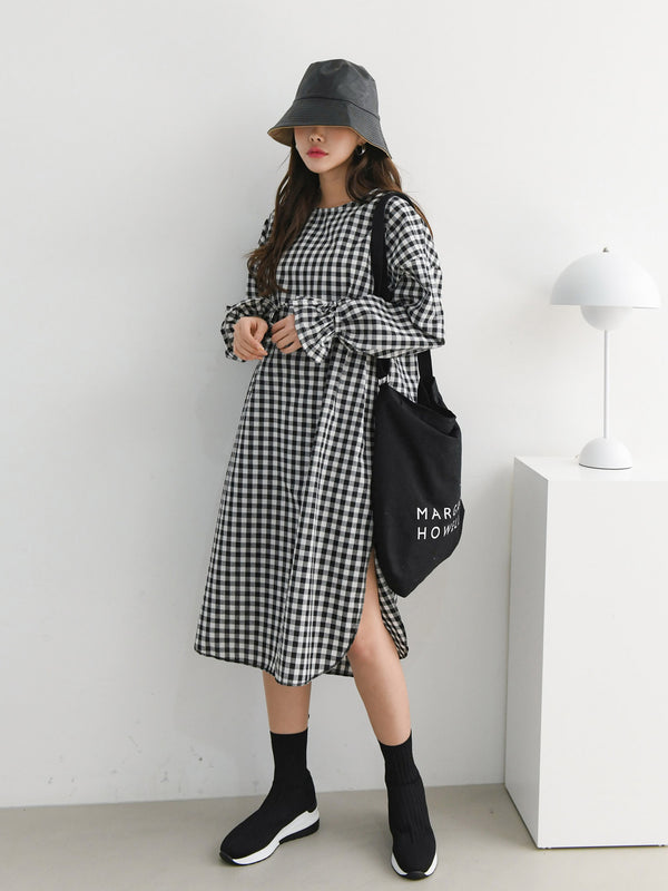 GINGHAM SIDE SLIT MIDI DRESS