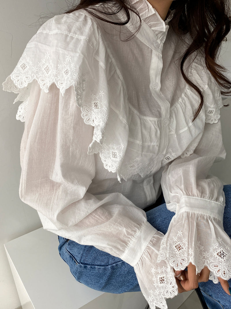 RUFFLE EMBROIDERED COTTON BLOUSE