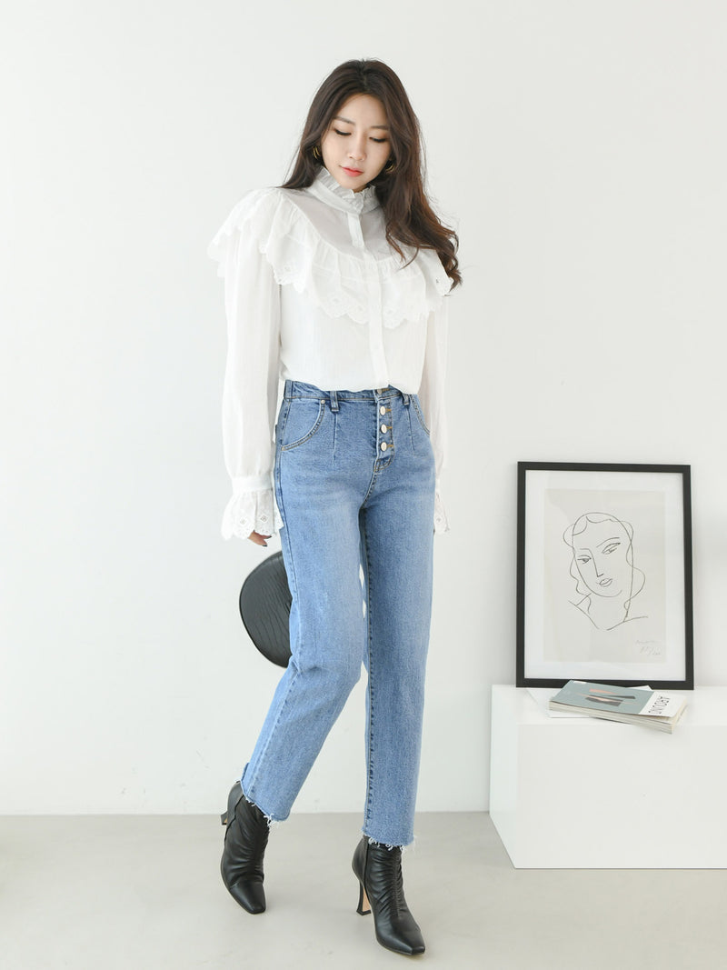 RUFFLE EMBROIDERED COTTON BLOUSE