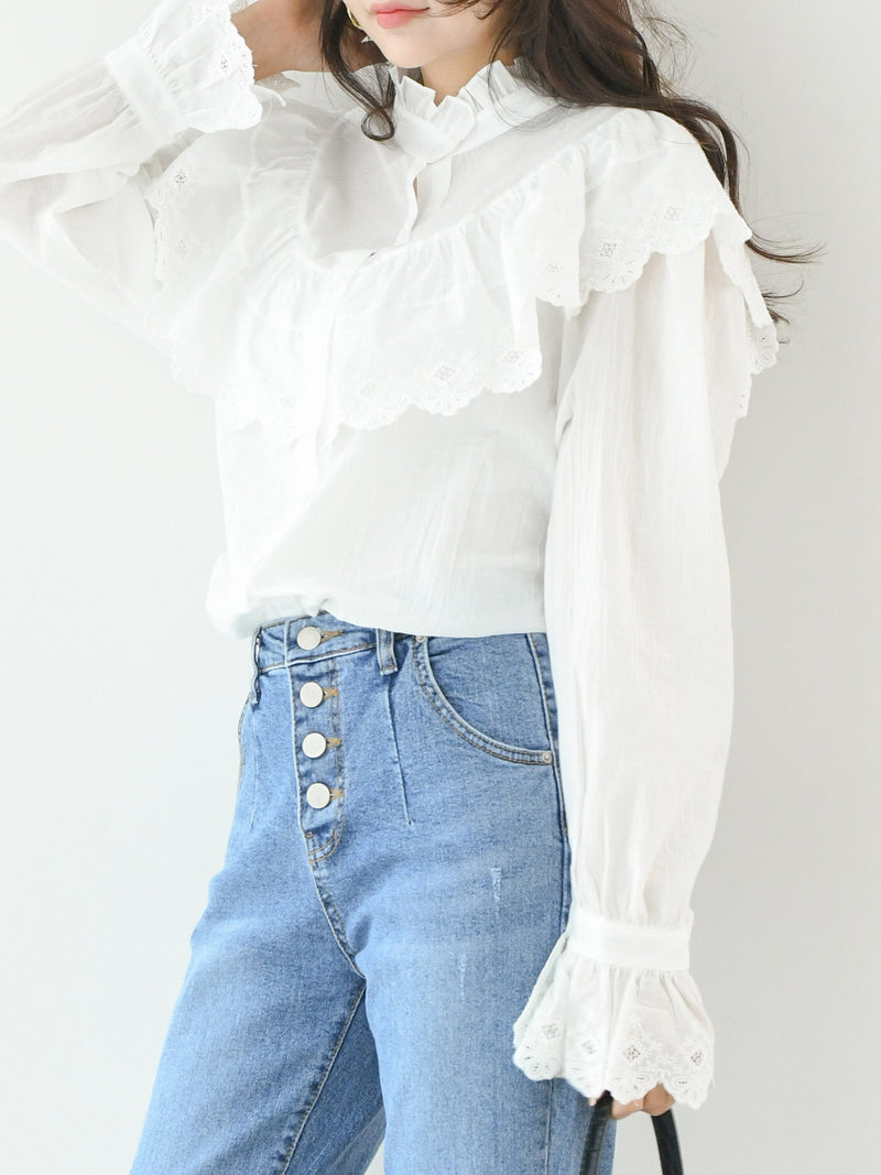 RUFFLE EMBROIDERED COTTON BLOUSE