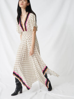 ANGLED HEM PRINT DRESS WITH CONTRAST DETAIL