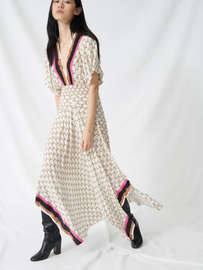 ANGLED HEM PRINT DRESS WITH CONTRAST DETAIL