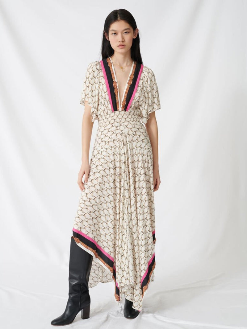 ANGLED HEM PRINT DRESS WITH CONTRAST DETAIL