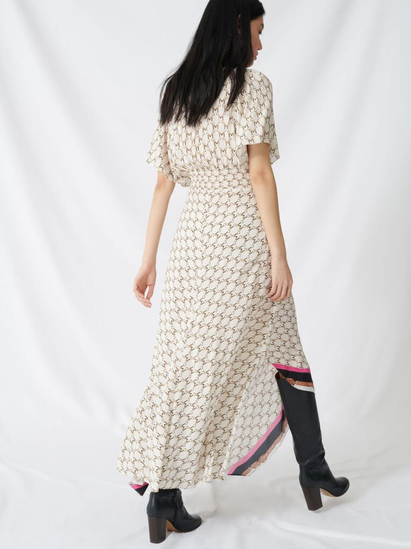 ANGLED HEM PRINT DRESS WITH CONTRAST DETAIL