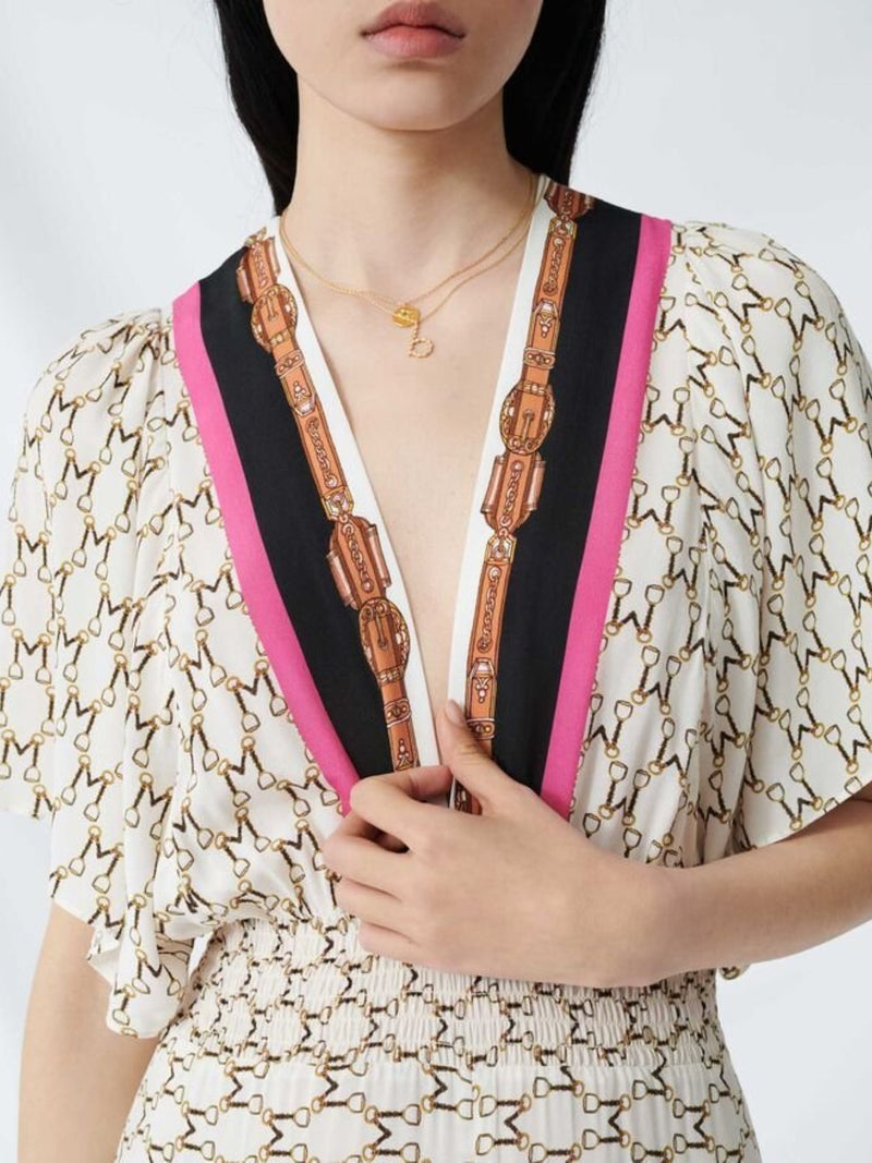 ANGLED HEM PRINT DRESS WITH CONTRAST DETAIL