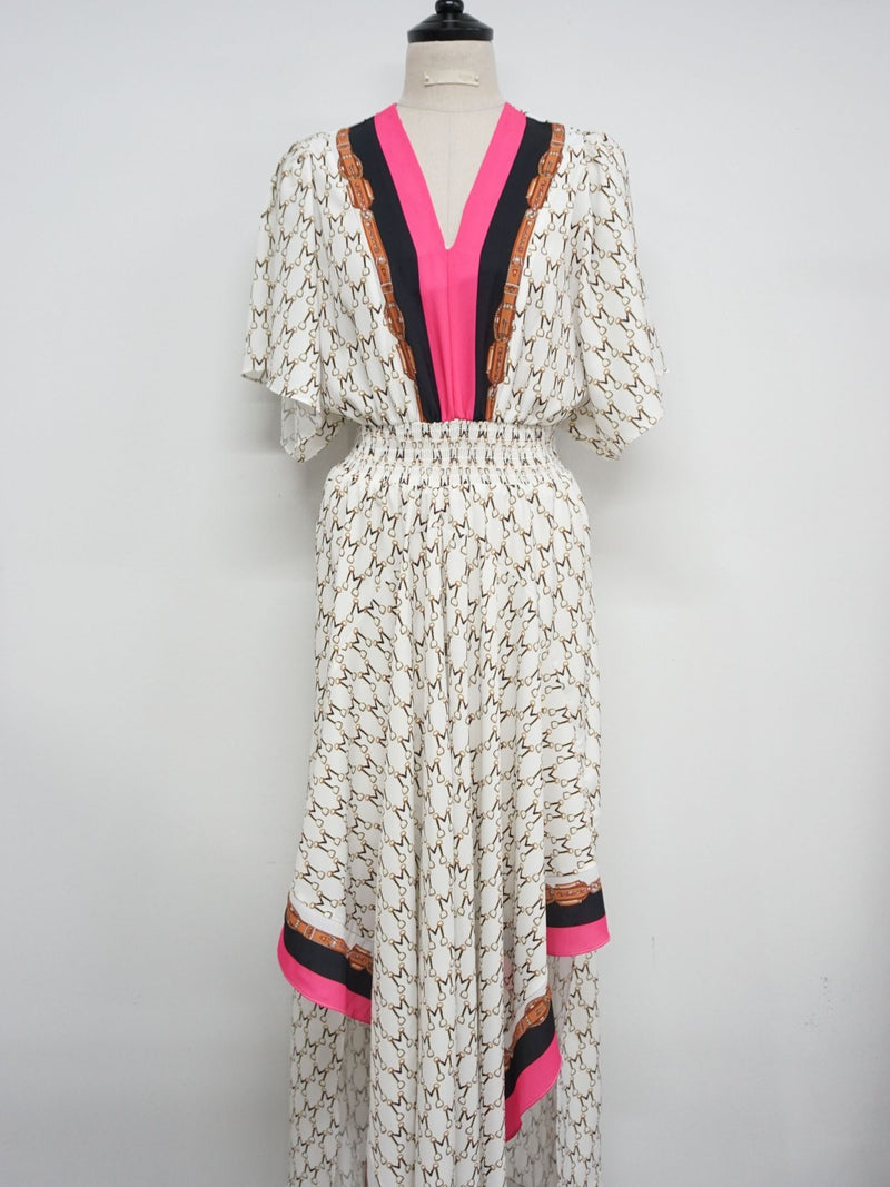 ANGLED HEM PRINT DRESS WITH CONTRAST DETAIL