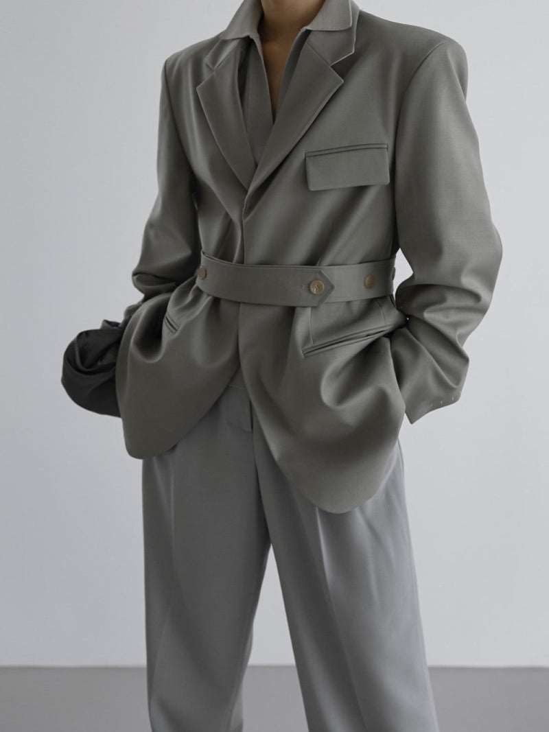 BELTED BUTTON DOWN TAILORED WOOL BLAZER
