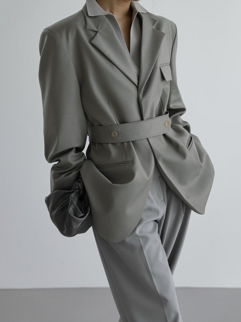 BELTED BUTTON DOWN TAILORED WOOL BLAZER