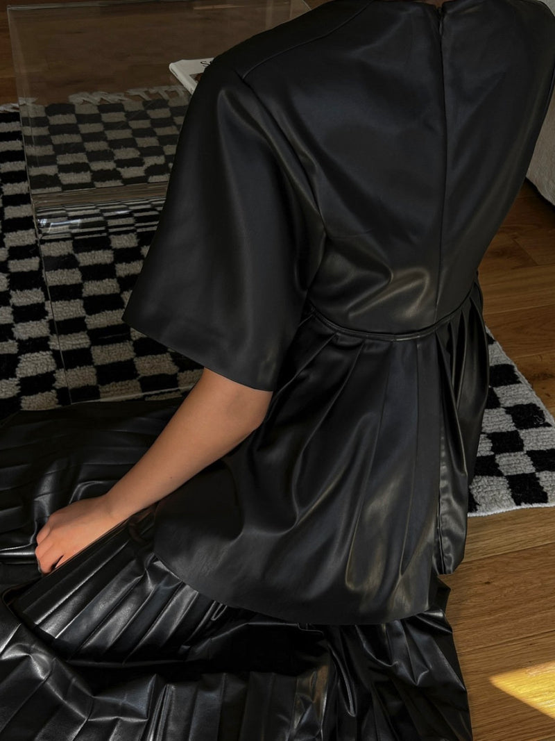 BACK PLEAT DETAIL VEGAN LEATHER BLOUSE