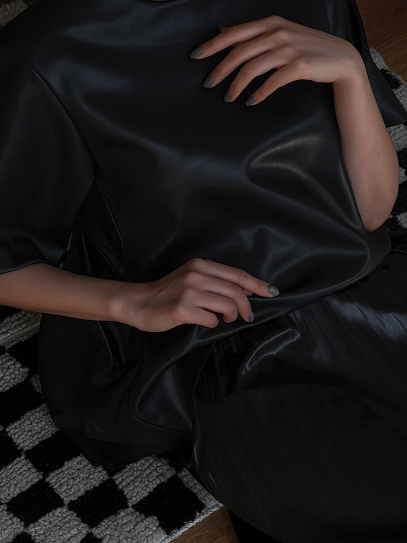 BACK PLEAT DETAIL VEGAN LEATHER BLOUSE