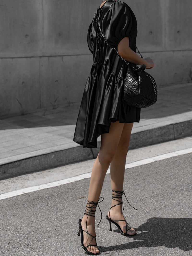 BACK TIE DETAIL SATIN BALLOON DRESS