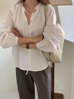 BALLOON SHIRRED COTTON BLOUSE
