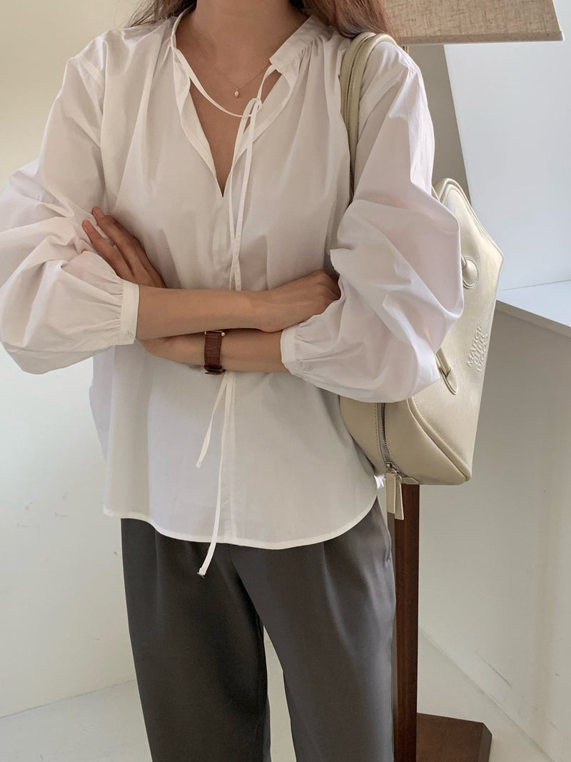 BALLOON SHIRRED COTTON BLOUSE