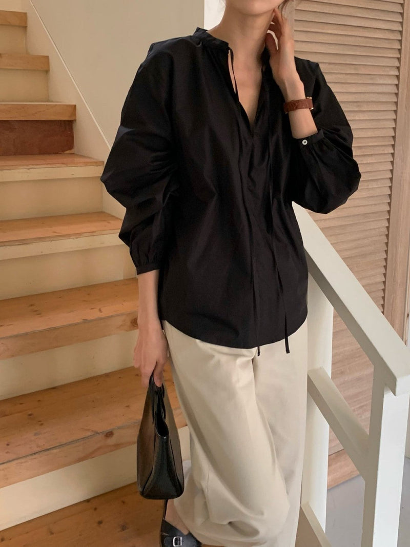 BALLOON SHIRRED COTTON BLOUSE