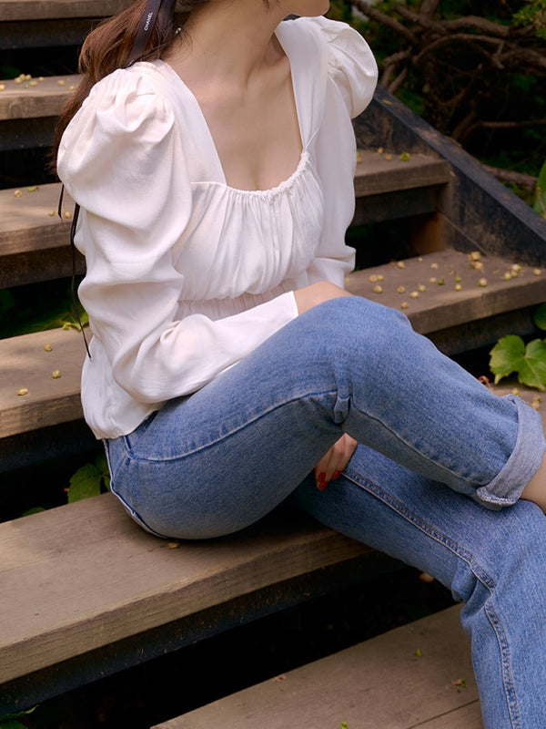 BALLOON SLEEVE RUCHED PANEL TOP