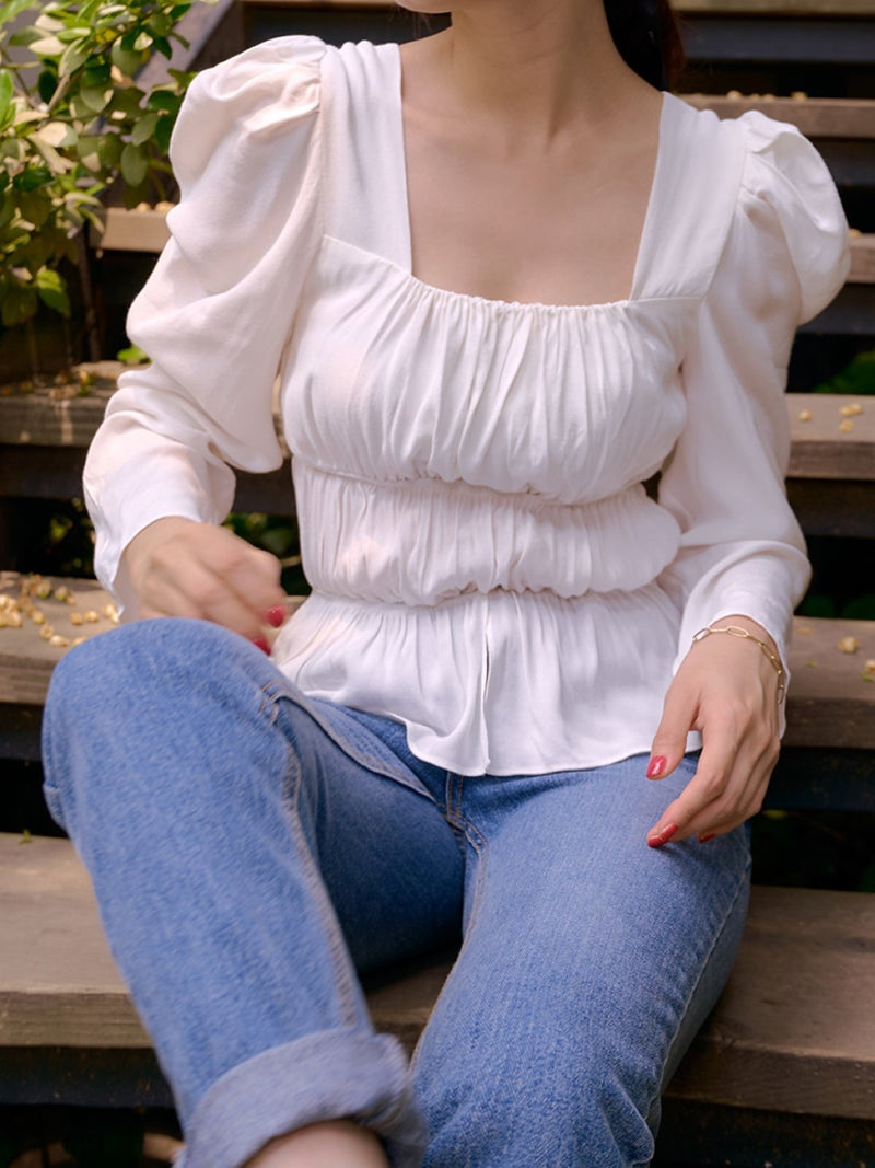 BALLOON SLEEVE RUCHED PANEL TOP