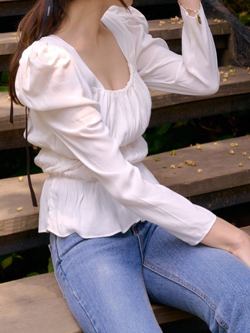 BALLOON SLEEVE RUCHED PANEL TOP
