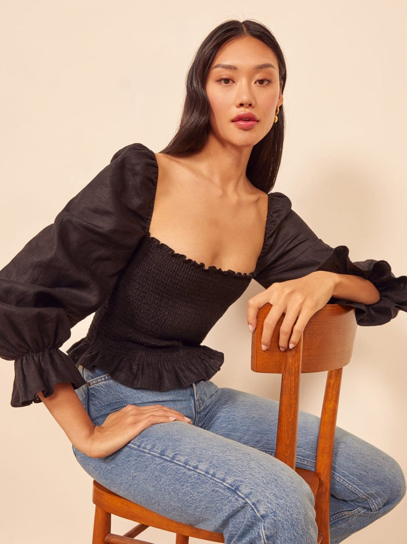 BALLOON SLEEVE SHIRRED BLOUSE WITH RUFFLE HEM