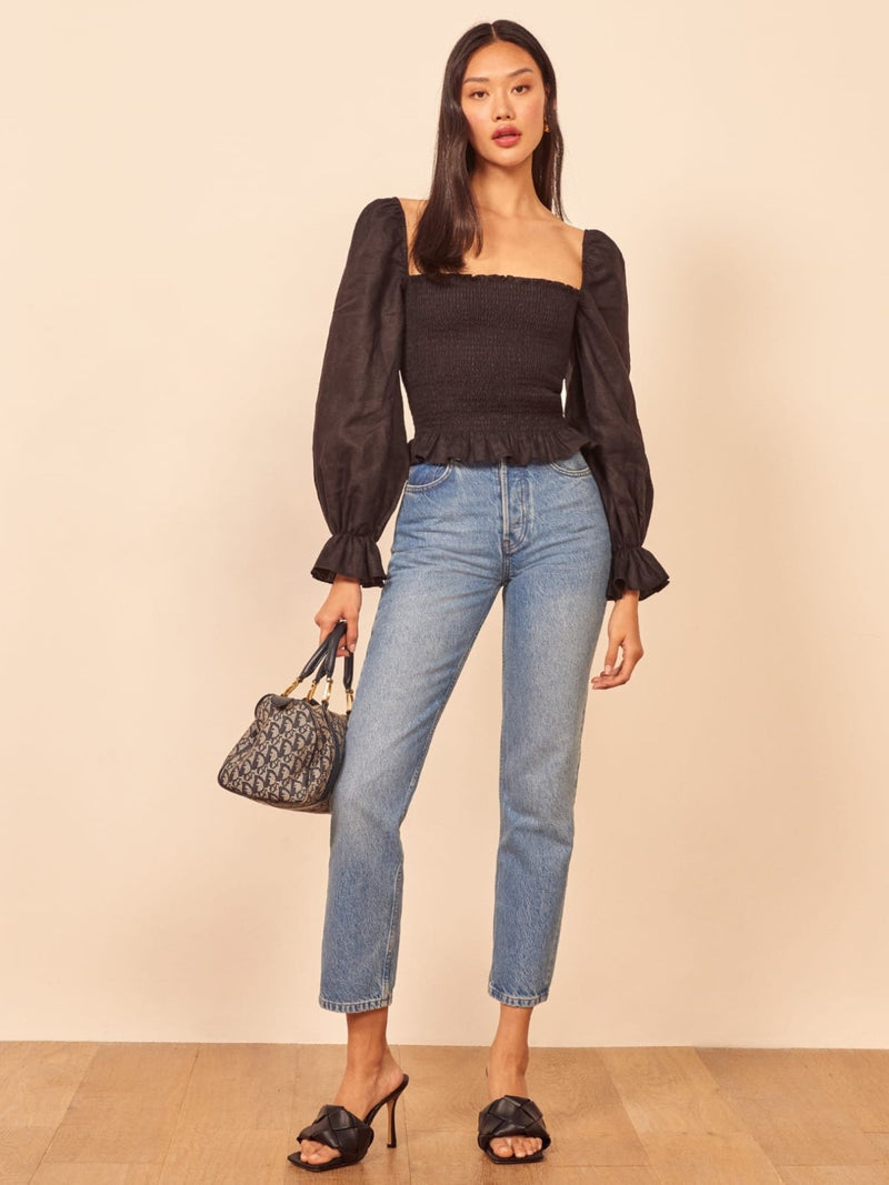 BALLOON SLEEVE SHIRRED BLOUSE WITH RUFFLE HEM