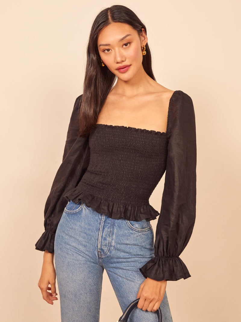 BALLOON SLEEVE SHIRRED BLOUSE WITH RUFFLE HEM