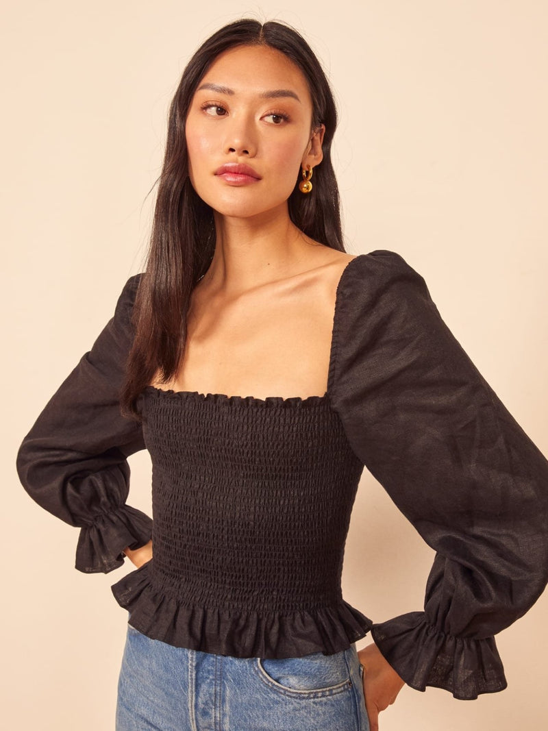 BALLOON SLEEVE SHIRRED BLOUSE WITH RUFFLE HEM