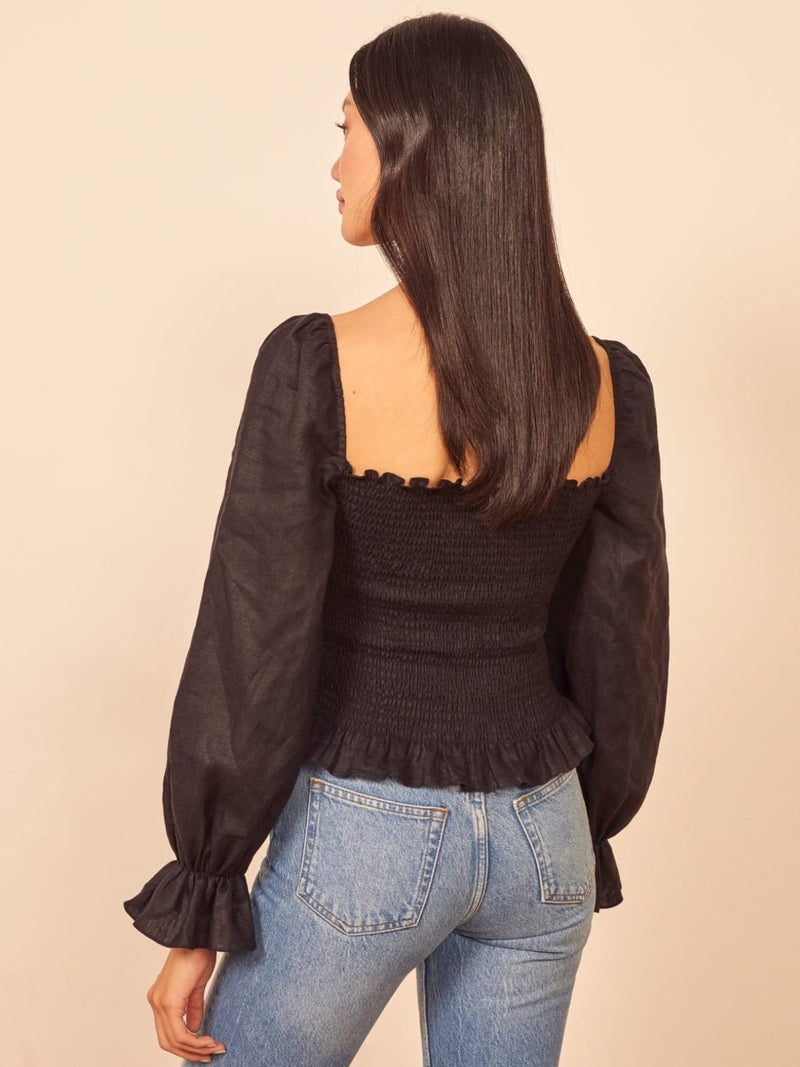 BALLOON SLEEVE SHIRRED BLOUSE WITH RUFFLE HEM