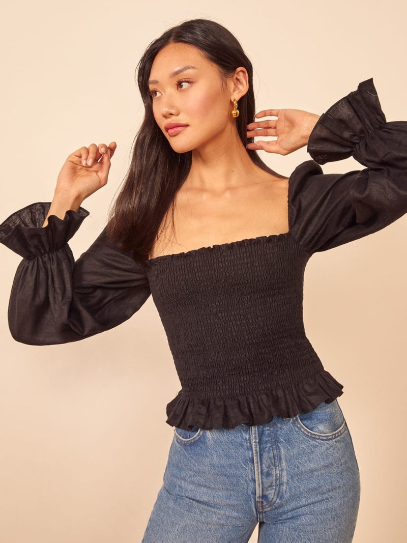 BALLOON SLEEVE SHIRRED BLOUSE WITH RUFFLE HEM