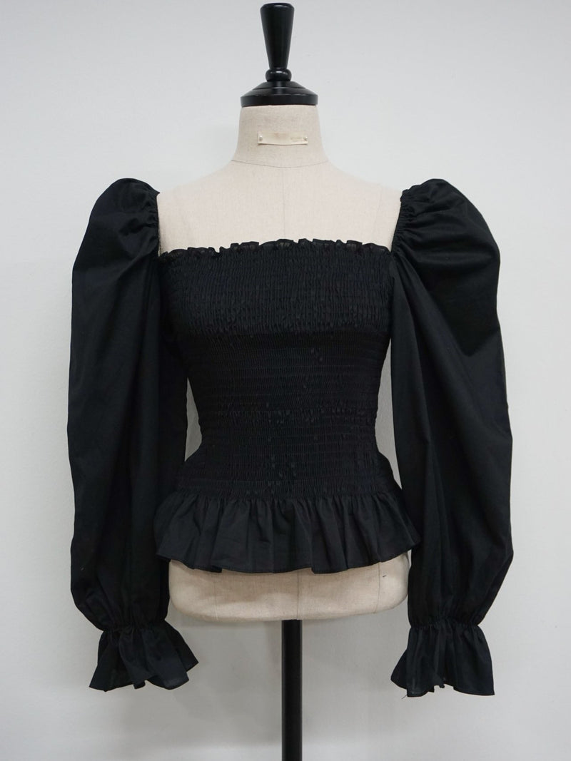 BALLOON SLEEVE SHIRRED BLOUSE WITH RUFFLE HEM