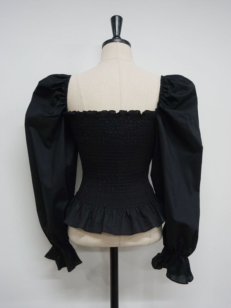 BALLOON SLEEVE SHIRRED BLOUSE WITH RUFFLE HEM