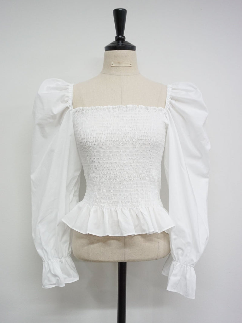 BALLOON SLEEVE SHIRRED BLOUSE WITH RUFFLE HEM
