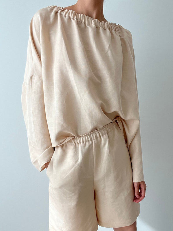 BANDED LINEN SHIRRING BLOUSE