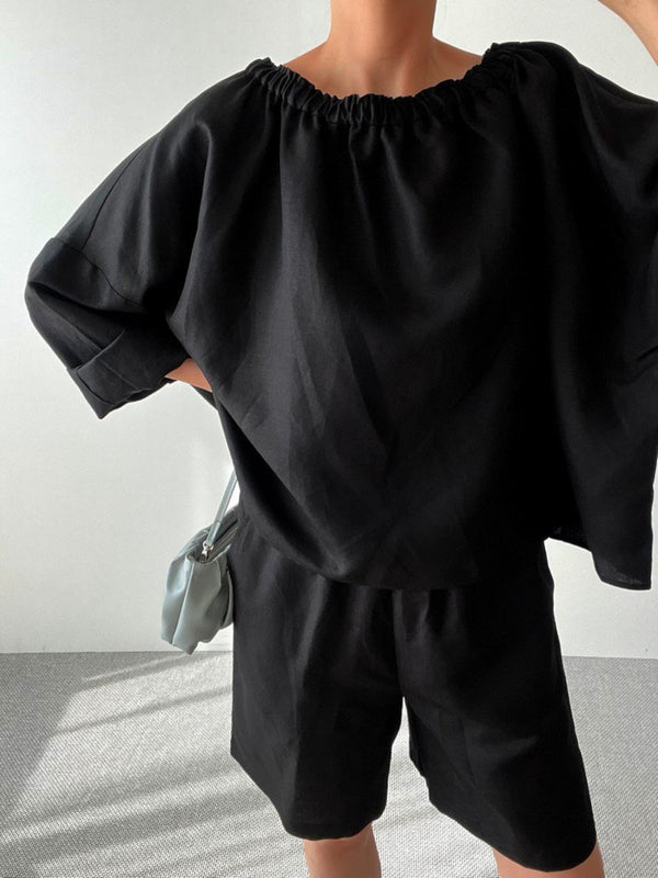 BANDED LINEN SHIRRING BLOUSE