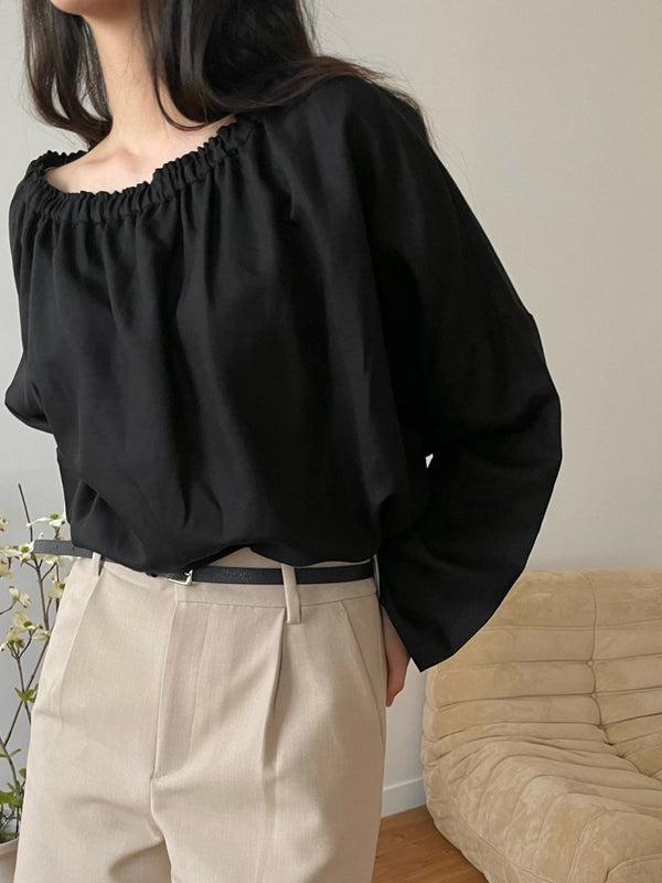 BANDED LINEN SHIRRING BLOUSE
