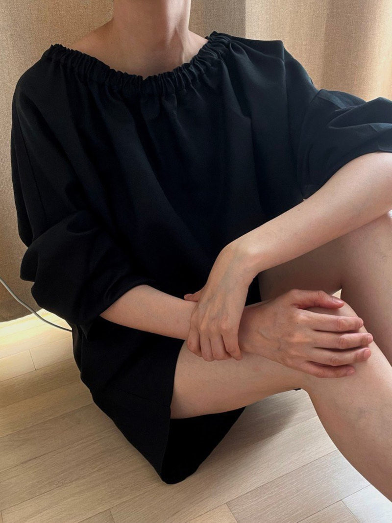 BANDED LINEN SHIRRING BLOUSE