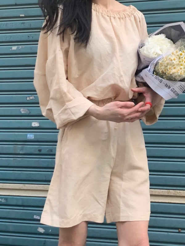 BANDED LINEN SHIRRING BLOUSE