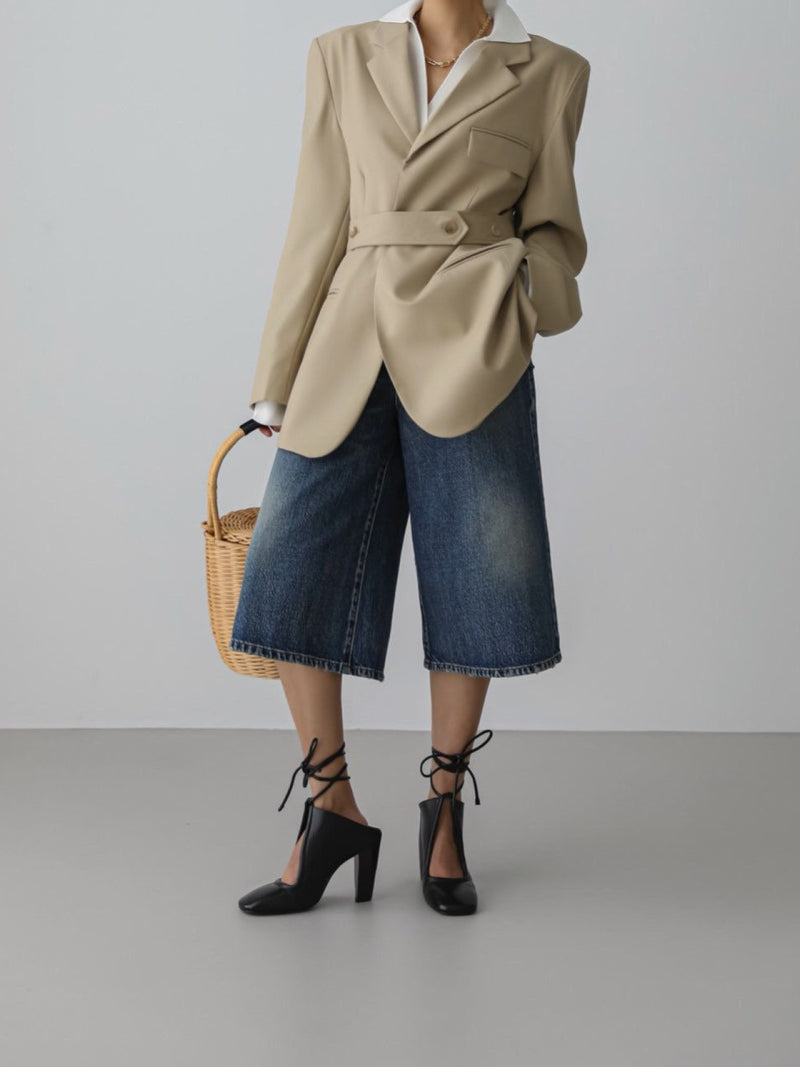 BELTED BUTTON DOWN TAILORED WOOL BLAZER